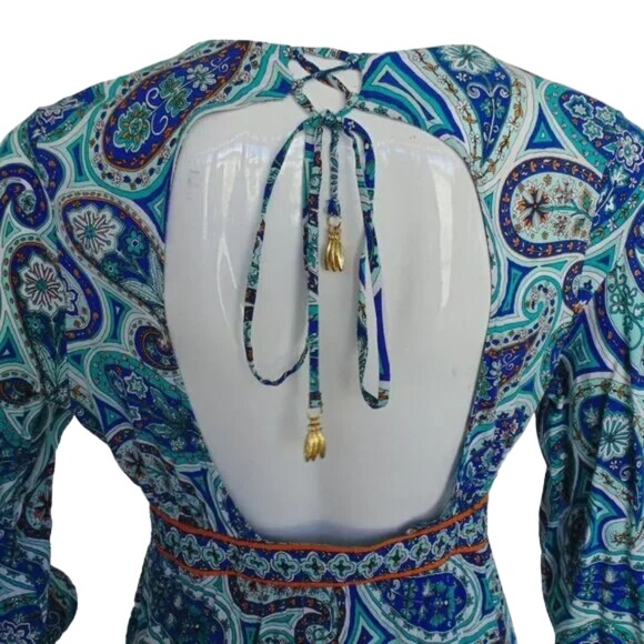 TRINA TURK Swim Cover/Dress, M/L, Low Cut, Open Back, Tassle hem, Blue Paisley - Picture 6 of 14